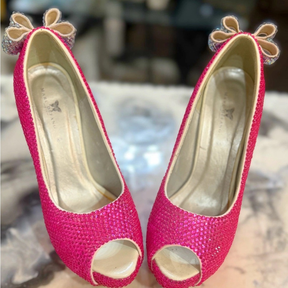 Marc DeFang Hot Pink AB Crystal Peep Toe Bridal or Pageant Heels Size 8